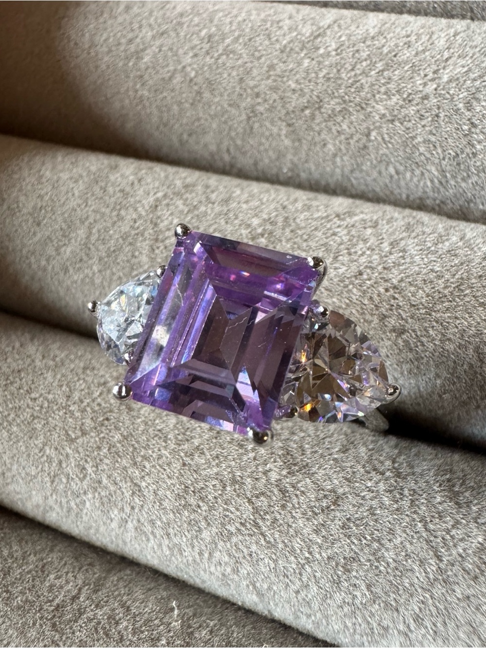FZN 925 Sterling Silver Purple Emerald Cut Three Stone Ring Size 8